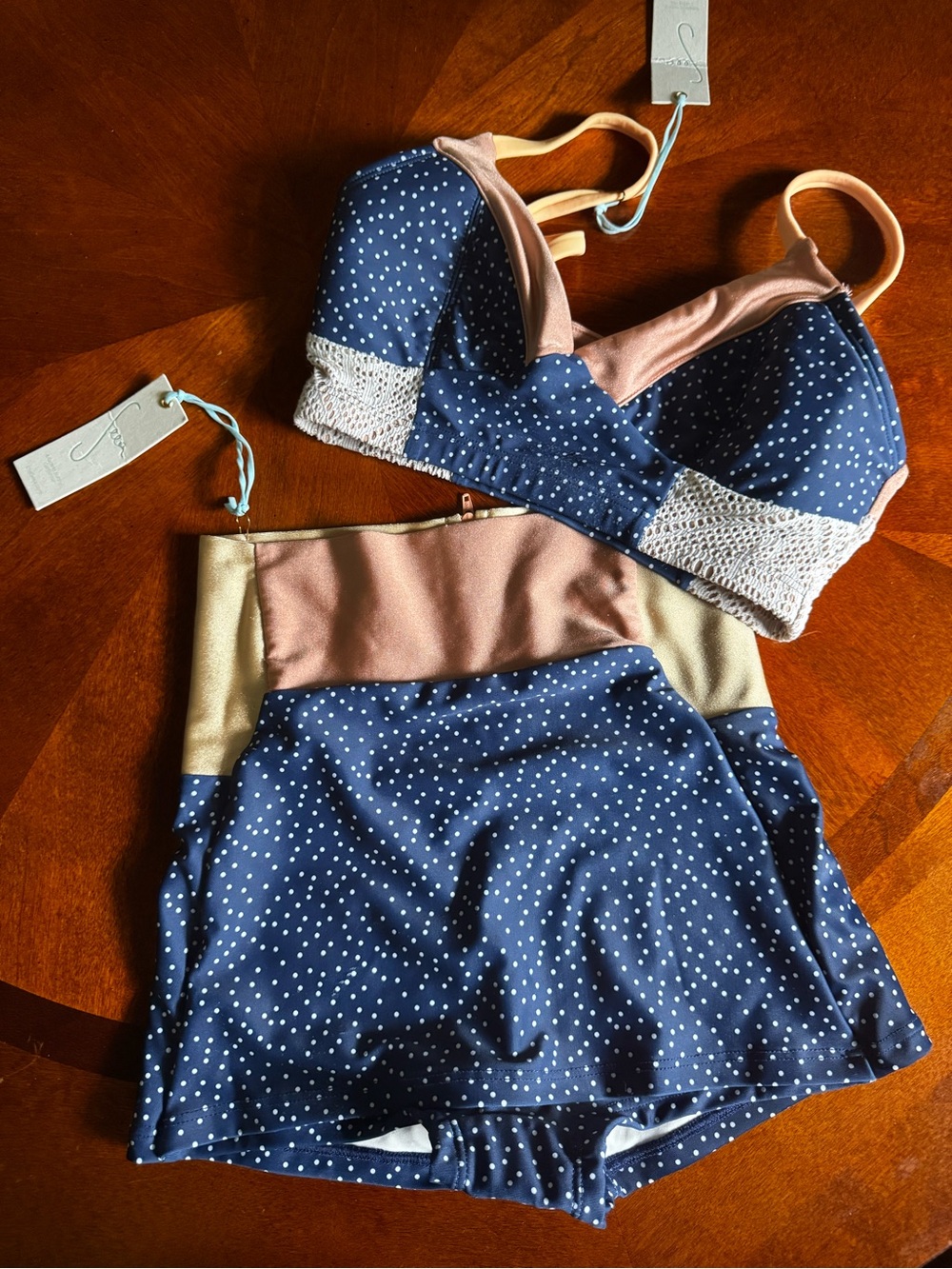Seea Navy Polkadot, Peach, Cream Crochet Bikini, Jalama top, Leucadia bottom